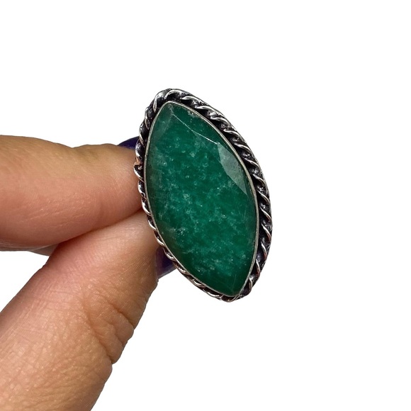 Emerald Ring Size 6 Natural Stone 925 Sterling Silver Overlay Green Chunky - Picture 4 of 8